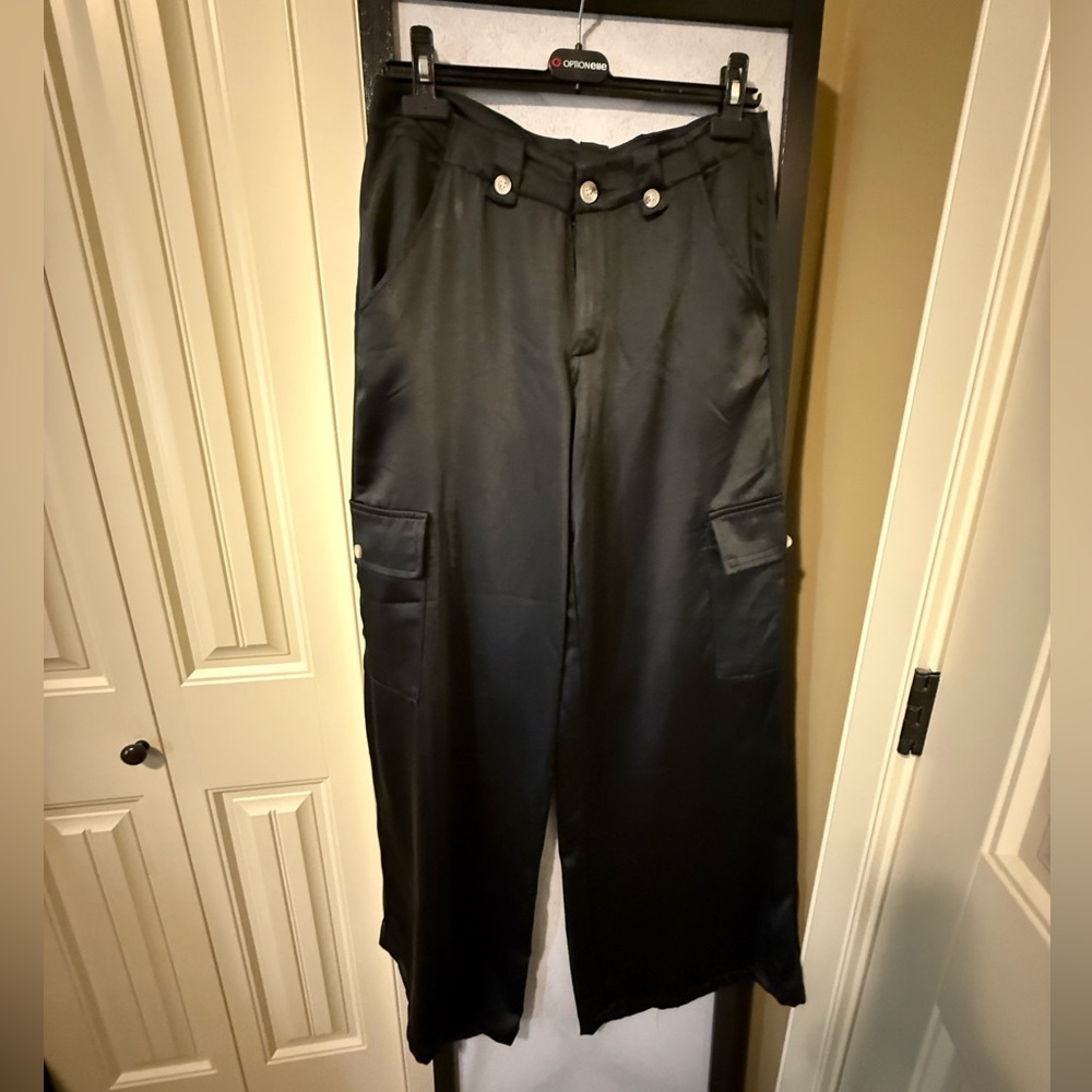 Astrid Black Satin Trousers with Button Accents